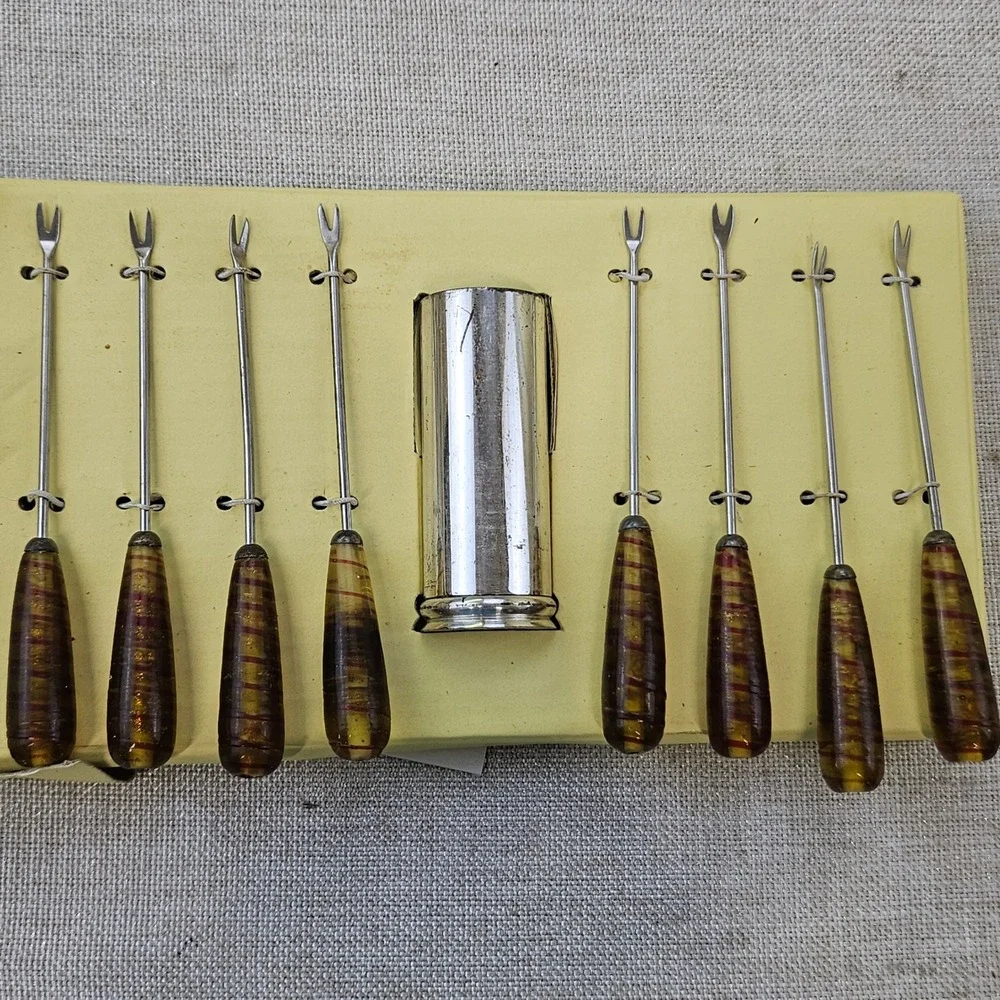 Vtg Appetizer Pick Set 8pc Amber Swirl Resin Handles Stainless Steel 510/5102
